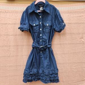 Girls Sz M Blue Denim Jean Ruffle Hem Dress Button Up Tie Waist Cute Sweet